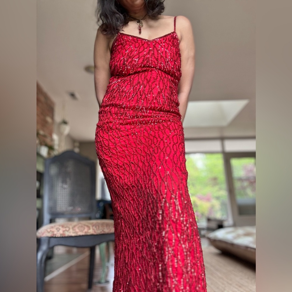 Silk Red Prom Dress glitter sequence silk holiday New Years sparkle